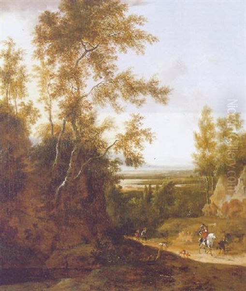 An Evening Wooded Landscape With A Hawking Party On A Country Path, A River Valley And Mountains Beyond Oil Painting by Frederick De Moucheron