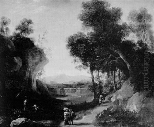 Figures In A Classical Landscape Oil Painting by Frederick De Moucheron