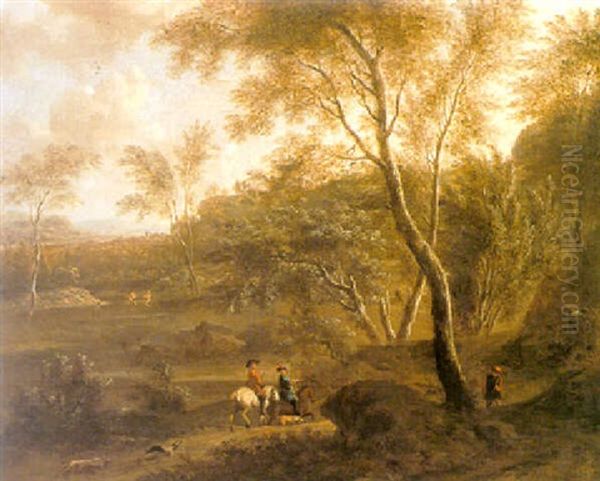 Sportsmen In A Wooded Landscape Oil Painting by Frederick De Moucheron