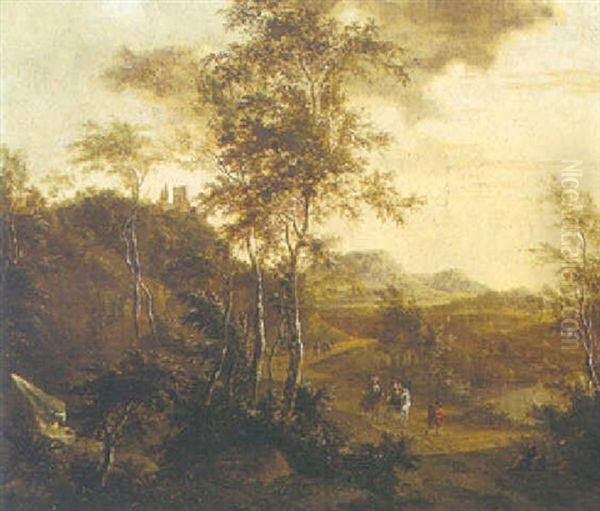 An Italianate Landscape With Travellers On A Path, Near A Waterfall Oil Painting by Frederick De Moucheron