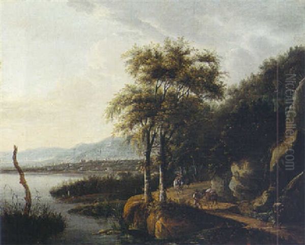 A Rocky River Landscape With A Horseman And Travellers On A Track And Bridge Oil Painting by Frederick De Moucheron