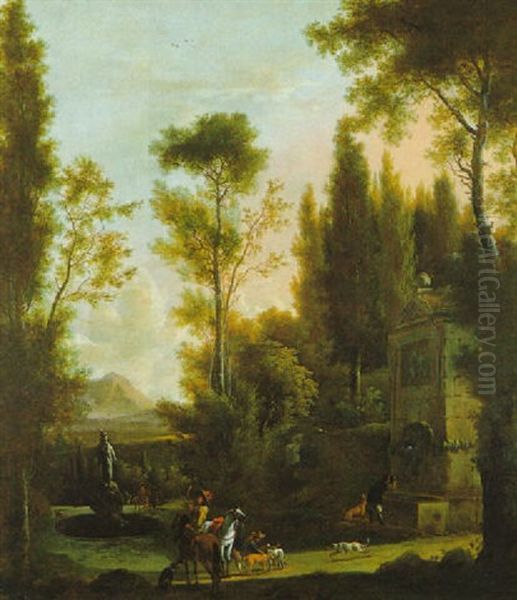 Italienischer Schlospark Mit Einer Jagdgesellschaft Oil Painting by Frederick De Moucheron