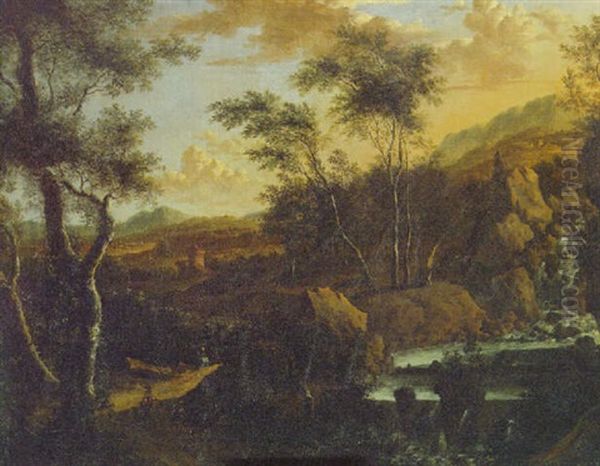 A Mountainous Italianate Landscape With Travellers On A Path Near A Waterfall Oil Painting by Frederick De Moucheron