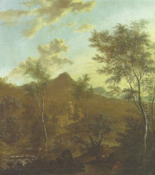 An Italianate Landscape With A Fortified Village And Fishermen By A Rapid, A Herdsman In The Foreground Oil Painting by Frederick De Moucheron