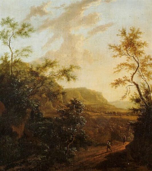 Travellers On A Sandy Track On A Mountain Pass, A River Valley Beyond At Sunset Oil Painting by Frederick De Moucheron