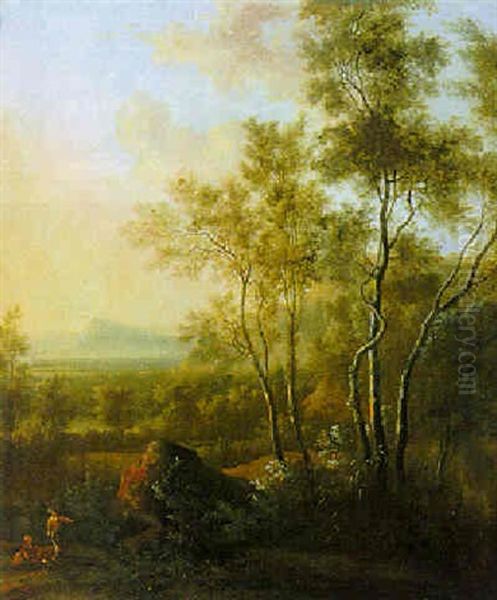 Italianate Wooded Landscape With Travellers Resting, Mountains Beyond Oil Painting by Frederick De Moucheron