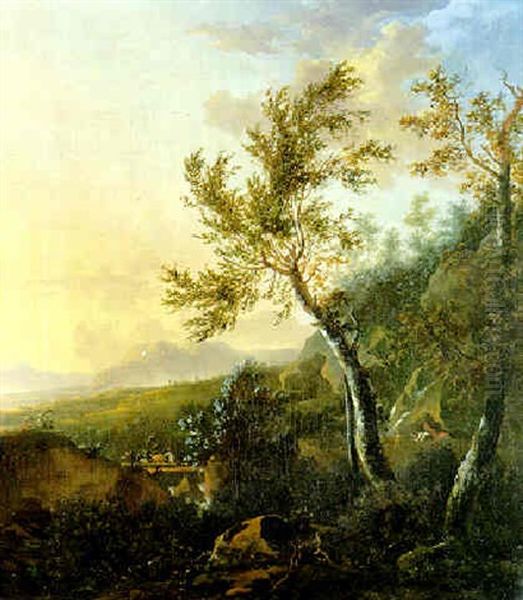 An Italianate Landscape With A Drover Crossing A Wooden Bridge Oil Painting by Frederick De Moucheron