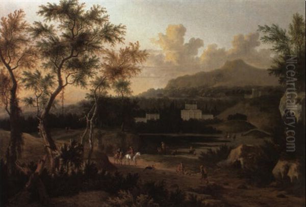 Wooded Evening Italianate Landscape With A Hawking Party Oil Painting by Frederick De Moucheron