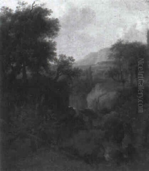 A Wooded River Landscape With Travellers In A Gorge Oil Painting by Frederick De Moucheron