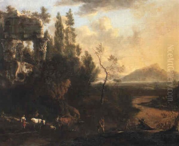 Italianate Landscape With Drovers Fording A River By A Ruined Temple Oil Painting by Frederick De Moucheron