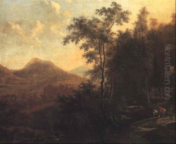 Italianate Wooded Landscape With A Peasant Woman And A Pack Horse Oil Painting by Frederick De Moucheron