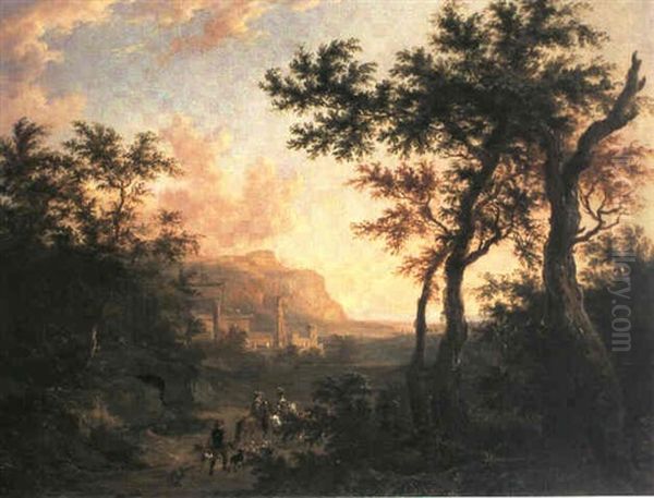 Sudliche Gebirgslandschaft Mit Einer Jagdgesellschaft Oil Painting by Frederick De Moucheron