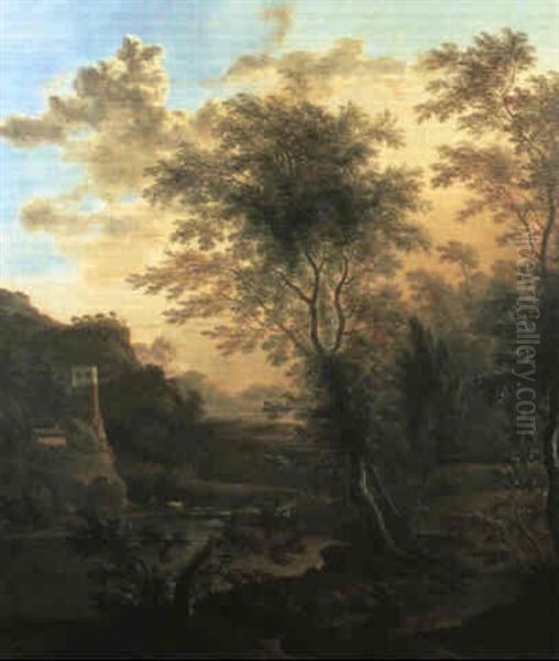 An Evening Italianate Landscape With A Cattle Drover Fording A Stream, A Ruined Tower And Mountains Beyond Oil Painting by Frederick De Moucheron