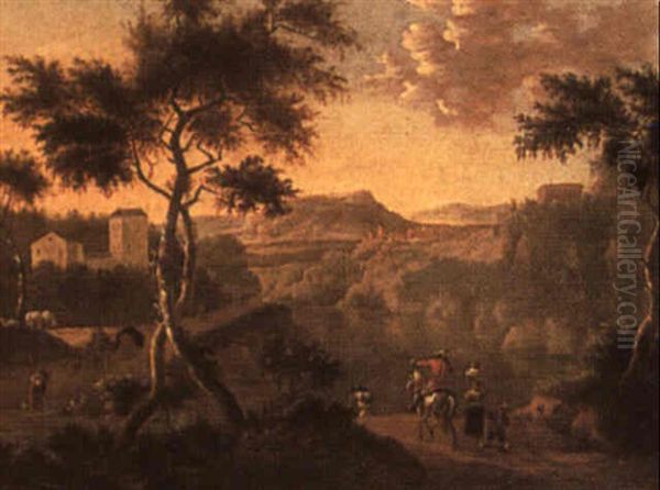 Italianate Landscape With Travellers On A Road Oil Painting by Frederick De Moucheron