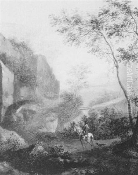 A Horseman On A Path In A Mountainous Landscape by Frederick De Moucheron