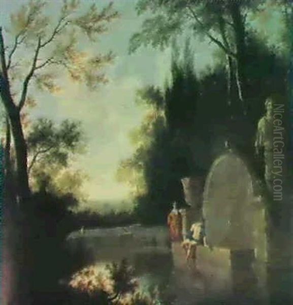 An Italinate Wooded Landscape With Narcissus And Echo. Oil Painting by Frederick De Moucheron