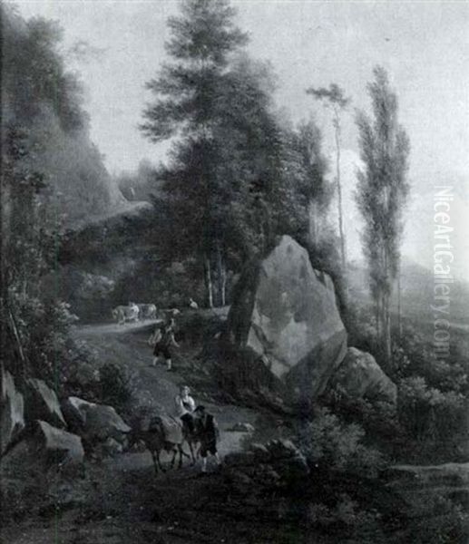 Mountainous Landscape With Figures On A Path With           Animals Oil Painting by Frederick De Moucheron