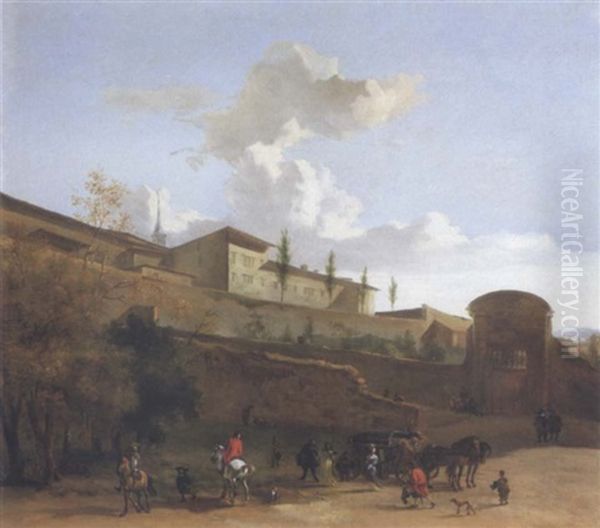 Figures And Animals At The Gate Of An Italian Hill Town Oil Painting by Frederick De Moucheron