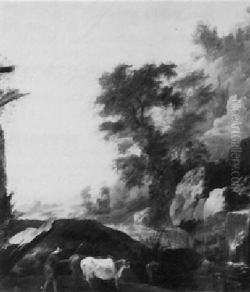 Romantic Landscape With Figure And Cattle Oil Painting by Frederick De Moucheron