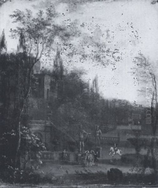 Figures With Horses In An Italianate Park Setting Below A Palace Oil Painting by Frederick De Moucheron