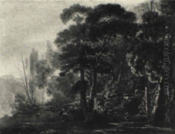 Landscape With Figures And Cattle Near A Forest Oil Painting by Frederick De Moucheron