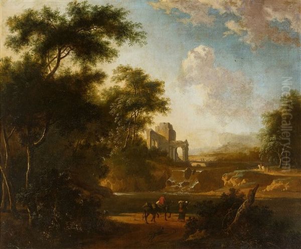 Landscape With Travellers And Ruins Oil Painting by Isaac de Moucheron