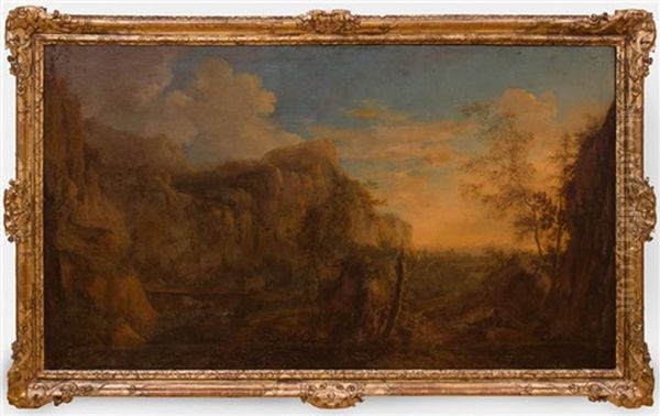 A Southern Mountainous Landscape With Herdsmen And Their Flock Near A Waterfall, A Tower In The Distance Oil Painting by Isaac de Moucheron