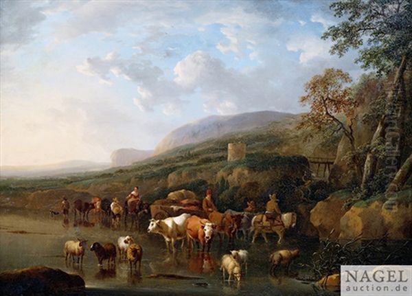 Hirten In Einer Furt Vor Weiter Landschaft Im Abendlicht Oil Painting by Isaac de Moucheron