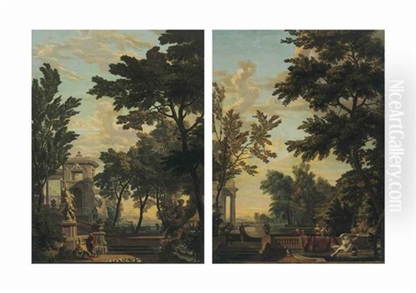 An Italianate Garden With Figures; And An Italianate Garden With Figures By A Fountain Oil Painting by Isaac de Moucheron