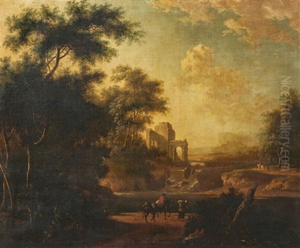 Southern Landscape With Ancient Ruins And Travellers Oil Painting by Isaac de Moucheron