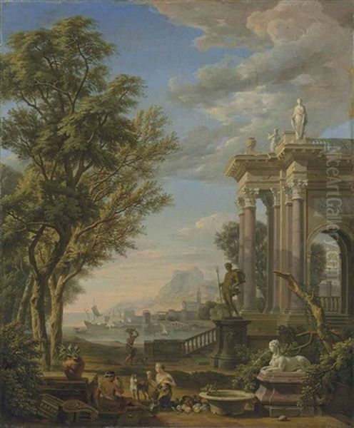 An Italianate Landscape With Figures Resting By A Fountain And A Classical Building, A Port Beyond Oil Painting by Isaac de Moucheron