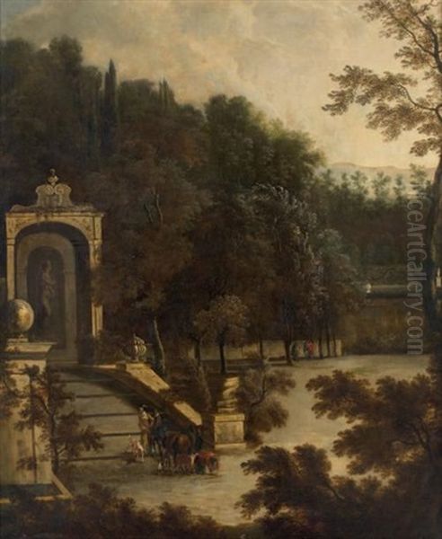 Elegants Au Pied D'un Escalier Dans Un Parc Oil Painting by Isaac de Moucheron