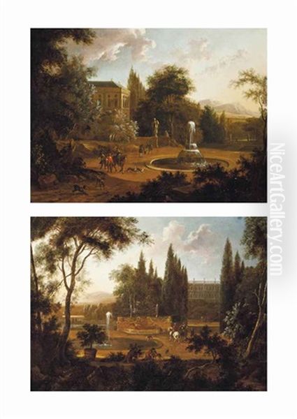 A Hunting Party Beside A Fountain (+ Elegant Company Beside A Fountain With Hounds Drinking Water; Pair) Oil Painting by Isaac de Moucheron