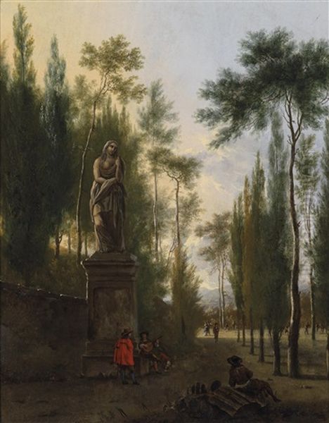 Sudliche Landschaft Mit Rastenden Mannern Unter Einer Romischen Statue Oil Painting by Isaac de Moucheron