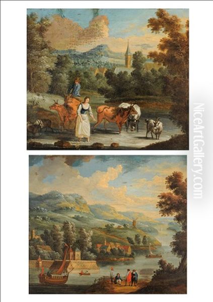 River Landscape With Elegantly Dressed Gentleman On A Path (+ River Landscape With A Drover, Cattle And Goats; Pair) Oil Painting by Isaac de Moucheron