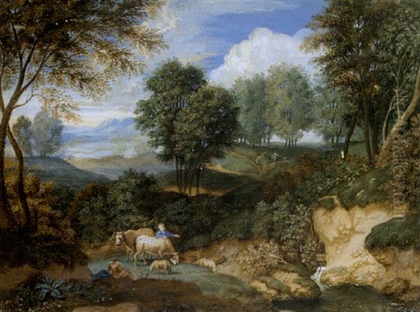 A Pastoral Landscape With Roman Ruins (+ A Pastoral Wooded Landscape; Pair) Oil Painting by Isaac de Moucheron