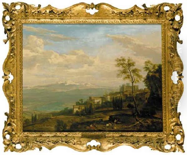 An Extensive Italianate Landscape With Shepherds And Shepherdesses Resting Before A Hilltop Town Oil Painting by Isaac de Moucheron