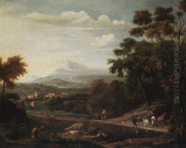 An Italianate Landscape With Travellers On A Winding Path Oil Painting by Isaac de Moucheron