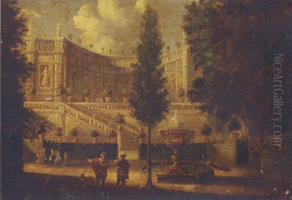 Figures Before A Fountain, A Palace Beyond Oil Painting by Isaac de Moucheron