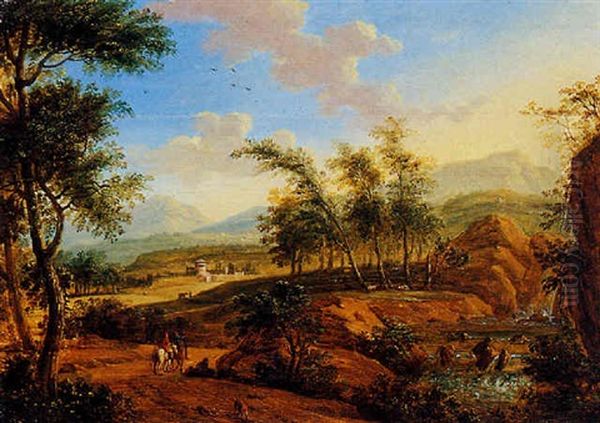 An Extensive Italianate Landscape With Horsemen, A Waterfall Nearby Oil Painting by Isaac de Moucheron