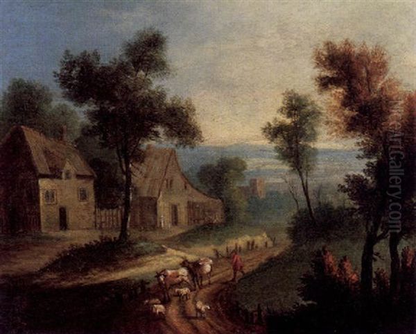 Hirt Mit Kuhen Und Schafen Bei Einem Weiler Oil Painting by Isaac de Moucheron