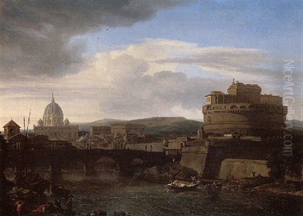 Rome, A View From The East Bank Of The Tiber Looking Downstream Towards Saint Peter's Basilica Oil Painting by Isaac de Moucheron