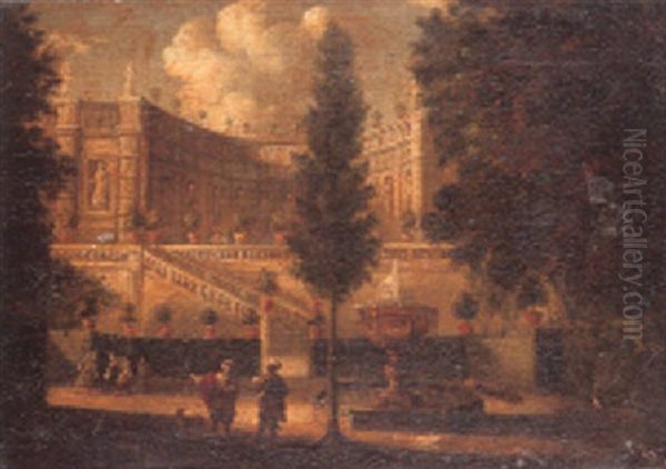 A Palace With Figures Walking In An Ornamental Garden Oil Painting by Isaac de Moucheron