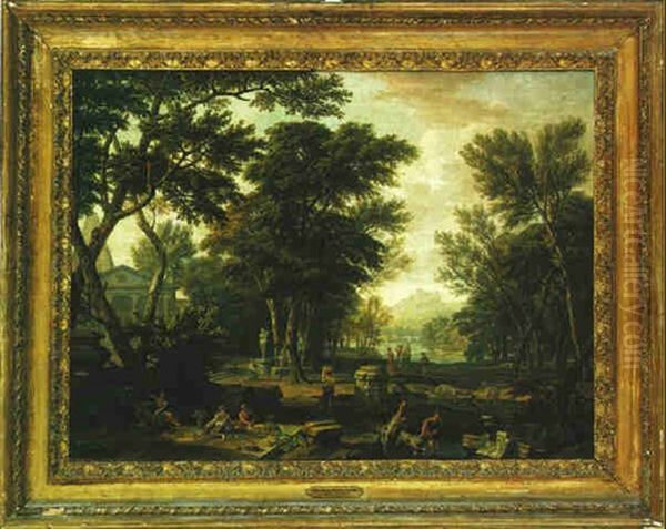 Figures In A Classical Wooded Landscape, With Mountains And A Lake Beyond Oil Painting by Isaac de Moucheron