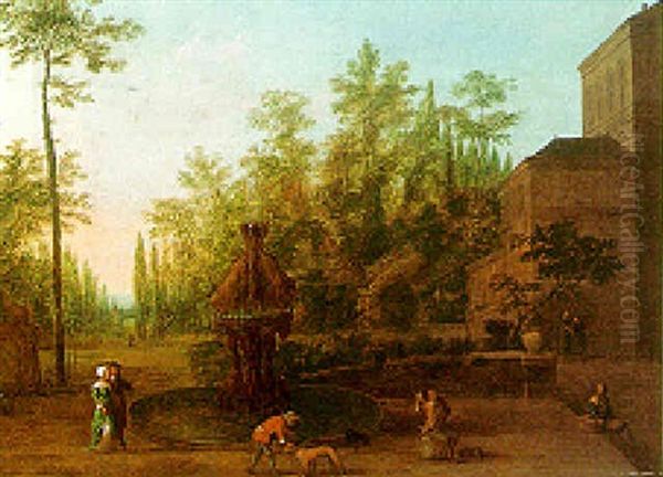 An Ornamental Garden With Figures Walking Beside A Fountain Oil Painting by Isaac de Moucheron