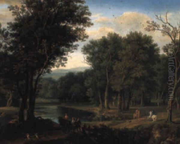 A Wooded River Landscape With Elegant Travellers And Dogs On A Track Oil Painting by Isaac de Moucheron