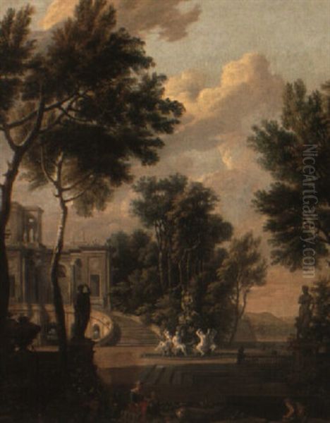 Figures Before A Palace In A Classical Garden Landscape Oil Painting by Isaac de Moucheron