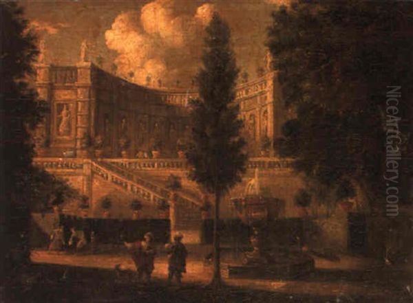 A Palace With Figures Walking In An Ornamental Garden Oil Painting by Isaac de Moucheron