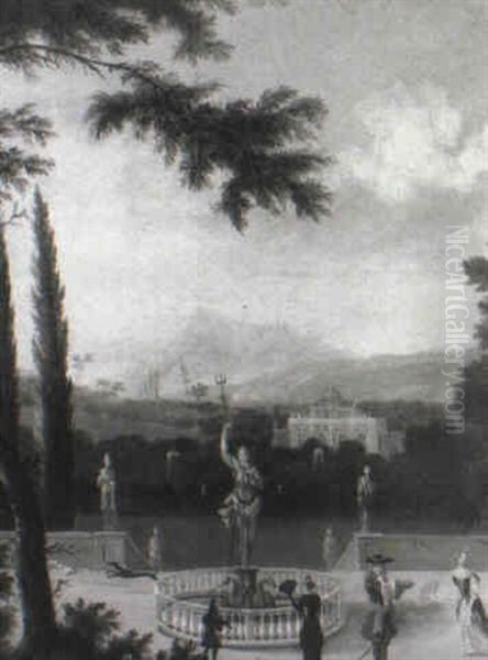 Elegant Figures In A Formal Garden, With..fountain Before A Country House Oil Painting by Isaac de Moucheron