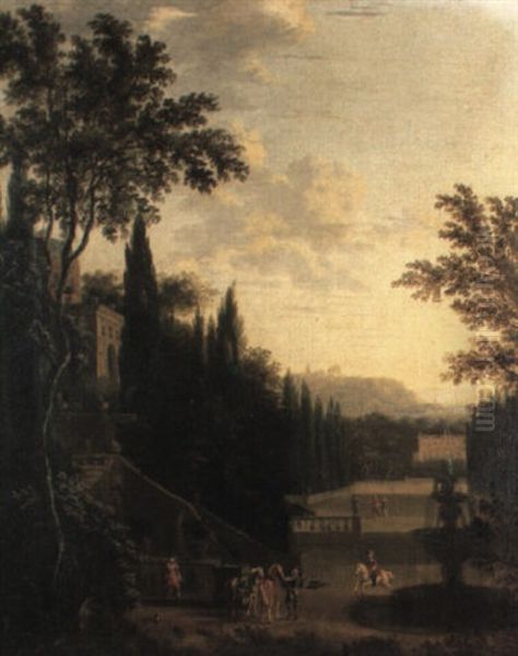 Figures And Horses By A Fountain In The Grounds Of An       Italianate Villa Oil Painting by Isaac de Moucheron